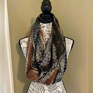 Women’s infinity scarf, black, brown, gray and tan